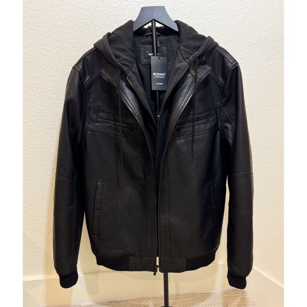 Murano Big & Tall Black Bomber with Knit Hood Faux Leather Jacket. Size LT . New - Picture 2 of 6